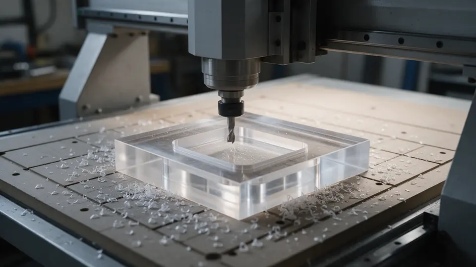 Wrzeciono frezarki CNC frezuje kieszeń w bloku pleksi 20 mm, wióry akrylu na stole