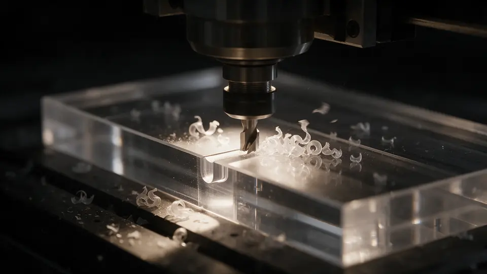 Wrzeciono CNC frezuje blok plexi 20 mm w snopie światła
