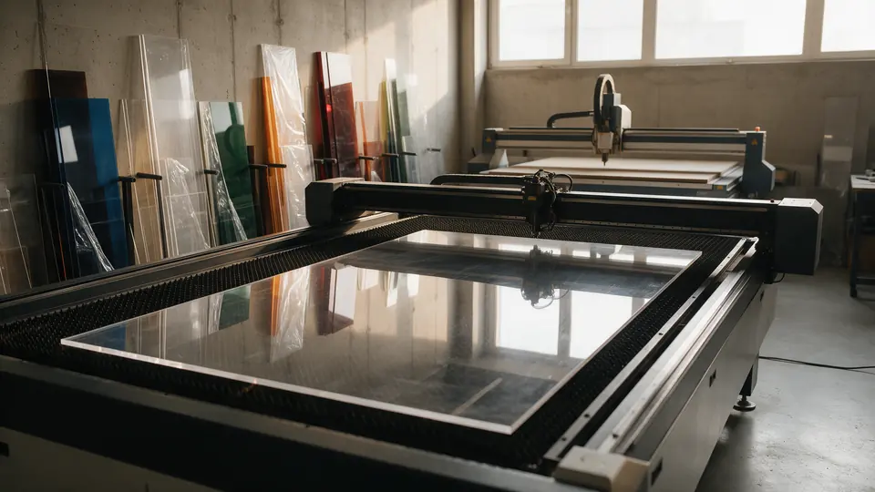 Pracownia obróbki tworzyw: stół lasera CO₂ z arkuszem plexi, frezarka CNC i regały z płytami
