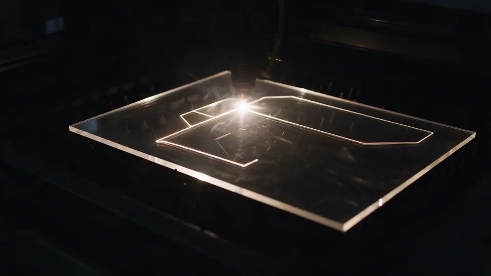 Wiązka lasera CO₂ tnie grubą płytę plexi w ciemnej hali