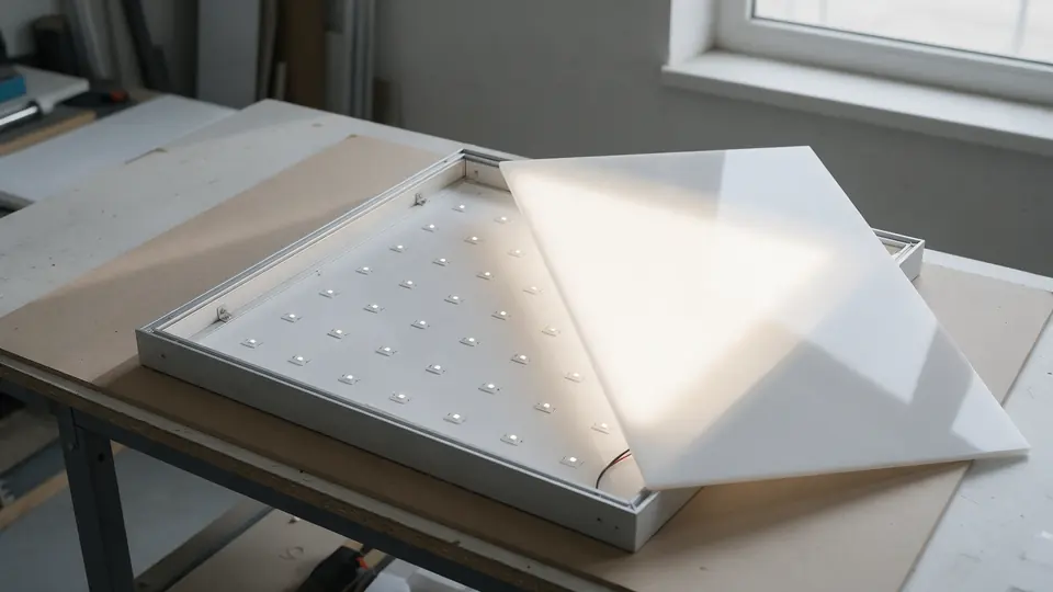 Otwarta rama kasetonu z siatką modułów LED i licem z plexi mlecznej obok