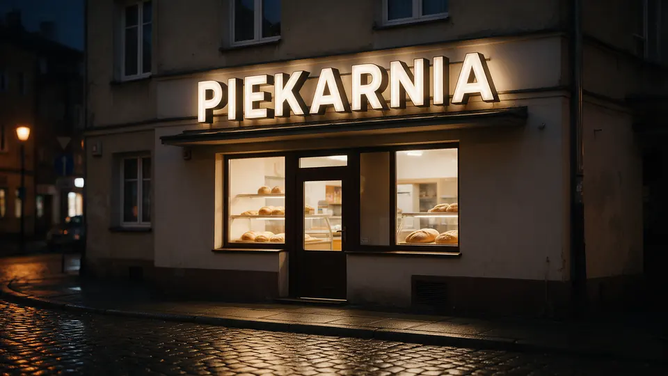 Podświetlane litery przestrzenne ze świecącym licem nad wejściem do piekarni nocą
