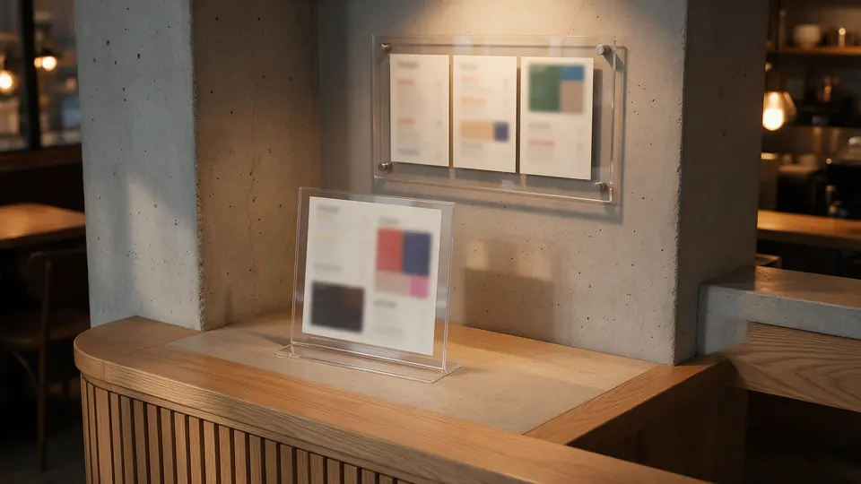 Stojaki A5 i ramka menu z plexi na dystansach w lokalu gastronomicznym
