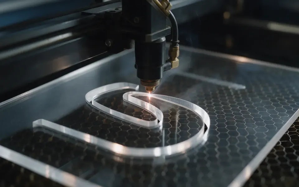 Głowica lasera CO₂ wycina literę w płycie plexi wylewanej GS 10 mm na stole roboczym 3050 × 2050 mm