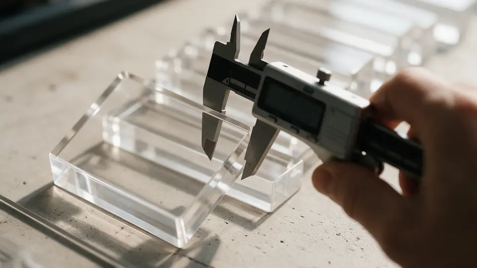 Pomiar grubości detalu z plexi po frezowaniu CNC suwmiarką cyfrową